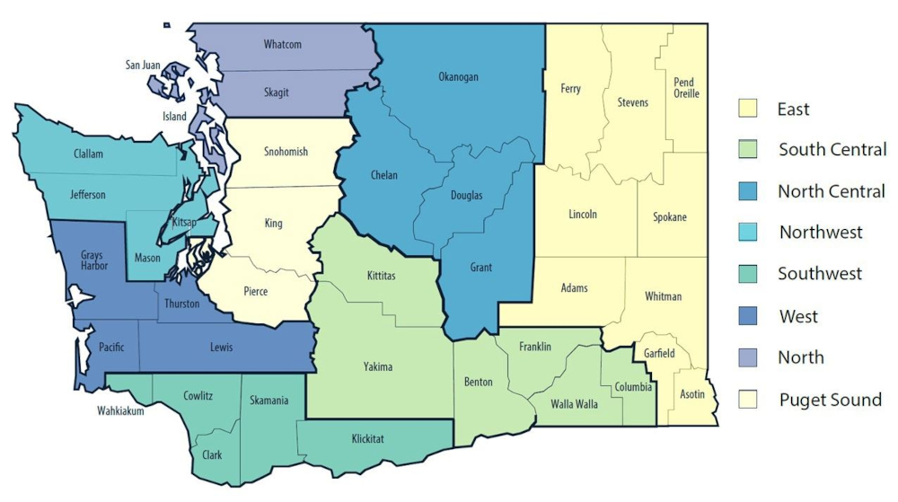 Regiones definidas estado Washington EMS - plan recuperación COVID-19.